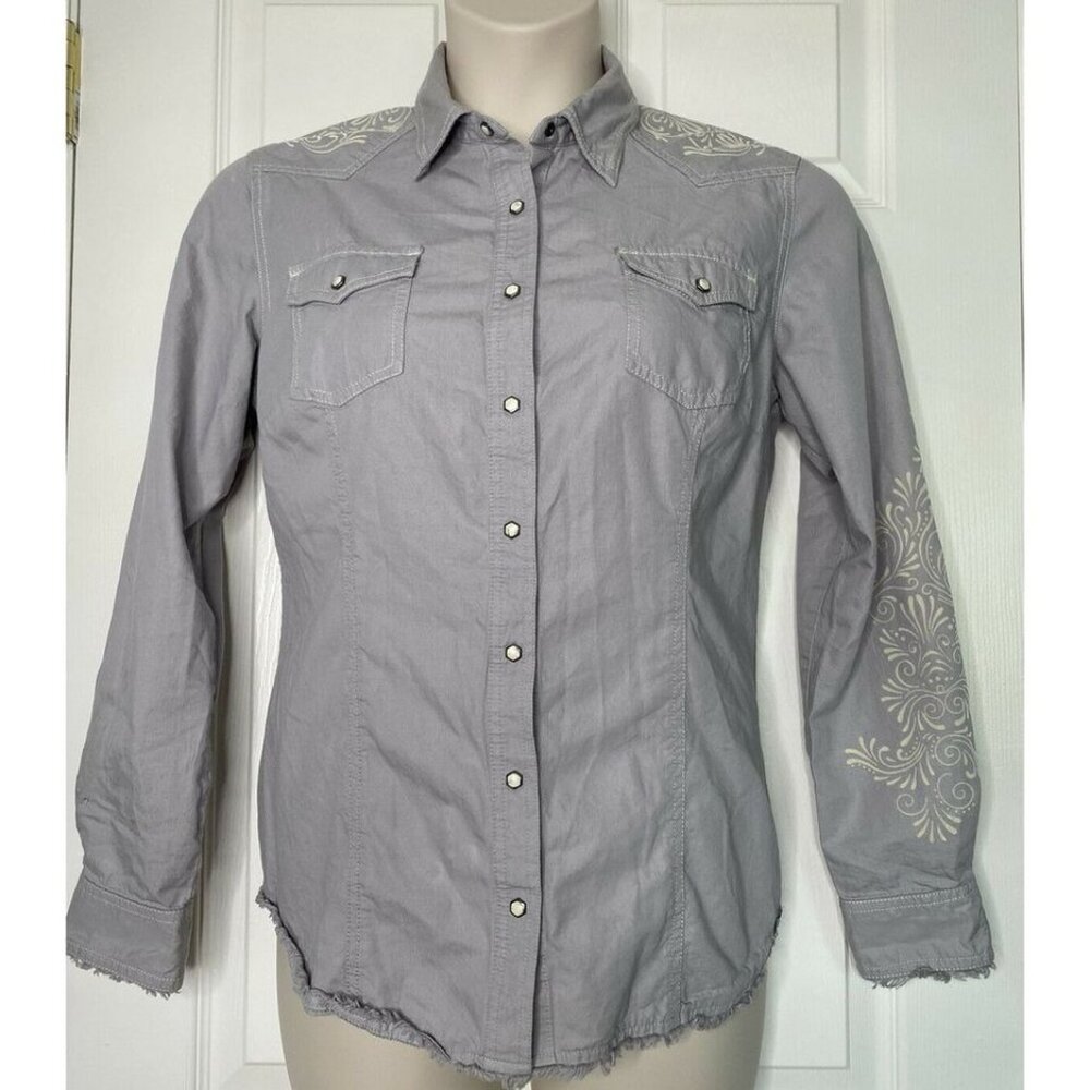 Noble Outfitters Large Western Snap Button Up Rodeo Shirt Equestrian Raw Hem
